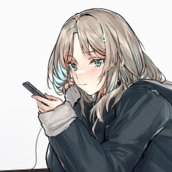 Rule 34 | 1girl, an-94 (girls&#039; frontline), aqua eyes, blonde hair, blush, cable, cellphone, coat, fur-trimmed coat, fur trim, girls&#039; frontline, grey background, holding, holding phone, hood, hood down, long hair, long sleeves, looking at viewer, nishiro ryoujin, phone, simple background, smartphone, smile, solo, upper body