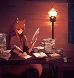 Rule 34 | 1girl, absurdres, animal ears, book, brown hair, closed mouth, commentary, english commentary, erroten, highres, holding, holo, indoors, lamp, long hair, paper, pouch, sitting, solo, spice and wolf, studying, table, tail, wolf ears, wolf girl, wolf tail, writing