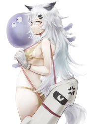 Rule 34 | 1girl, absurdres, aiv, anger vein, animal ears, aqua eyes, arknights, ass, bare shoulders, bikini, bracelet, breasts, closed mouth, commentary, cowboy shot, from behind, gloves, hair ornament, hairclip, highres, inflatable octopus, inflatable toy, jewelry, lappland (arknights), long hair, looking at viewer, looking back, scar, scar across eye, sideboob, silver hair, small breasts, smile, solo, swimsuit, tail, very long hair, white gloves, wolf ears, wolf girl, wolf tail, yellow bikini
