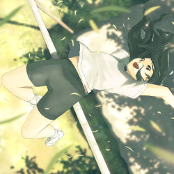 Rule 34 | 1girl, arched back, bad id, bad pixiv id, bike shorts, black eyes, black hair, blurry, depth of field, foreshortening, from above, happy, high jump, highres, horizontal bar, jumping, long hair, midriff, petals, shade, shirt, shoes, smile, sneakers, solo, t-shirt, teikoku shounen