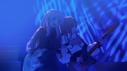 Rule 34 | 2girls, artist request, bang dream!, bang dream! it&#039;s mygo!!!!!, bass guitar, black shirt, blue eyes, brown hair, chihaya anon, closed mouth, commentary, commission, electric guitar, english commentary, fang, grey eyes, guitar, highres, holding, holding guitar, holding instrument, instrument, light particles, long hair, long sleeves, multiple girls, nagasaki soyo, open mouth, outdoors, pink hair, playing guitar, second-party source, see-through, see-through sleeves, shirt, skirt, smile, sweater, turtleneck, turtleneck sweater, white sweater