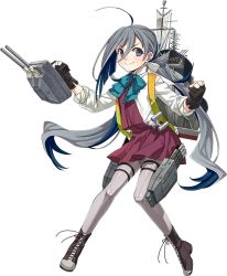 Rule 34 | &gt;:), 1girl, ahoge, black gloves, blue hair, blush, boots, bow, bowtie, cross-laced footwear, dress, fujikawa, full body, gloves, grey eyes, grey hair, grey pantyhose, gun, hair between eyes, hair ribbon, holding, holding gun, holding weapon, kantai collection, kiyoshimo (kancolle), lace-up boots, long hair, looking at viewer, low twintails, machinery, multicolored hair, official art, pantyhose, partially fingerless gloves, ribbon, rigging, shirt, sleeveless, sleeveless dress, sleeves rolled up, solo, transparent background, turret, twintails, v-shaped eyebrows, very long hair, weapon, white ribbon, white shirt