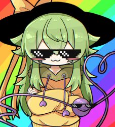 Rule 34 | 1girl, :3, adapted costume, black hat, blush, blush stickers, bow, chromatic aberration, closed mouth, deal with it (meme), drawstring, facing viewer, film grain, green hair, hair flaps, hat, hat ribbon, heart, heart of string, highres, hood, hood down, hoodie, komeiji koishi, long hair, long sleeves, meme, mlg, rainbow background, ribbon, sidelocks, solo, straight-on, touhou, v-shaped eyebrows, yellow bow, yellow hoodie, yellow ribbon, zunusama