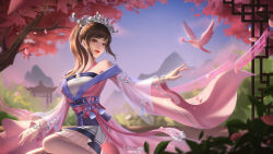 Rule 34 | 1girl, absurdres, artist request, bare legs, bird, blue sky, brown hair, chi lian (qin shi ming yue), closed mouth, dress, falling petals, flower, flying, highres, long sleeves, medium hair, o-ring dress, petals, pink dress, ponytail, qinshi mingyue, sash, second-party source, sky, solo, tiara, tree