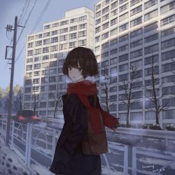 Rule 34 | 1girl, backpack, bag, bare tree, blue coat, breath, brown eyes, brown hair, building, car, coat, commentary request, dated, guard rail, kaoming, light smile, long sleeves, looking at viewer, motor vehicle, original, outdoors, power lines, red scarf, scarf, signature, snow, solo, standing, tree, utility pole