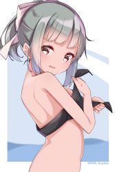 Rule 34 | absurdres, bare shoulders, bikini, black bikini, blunt bangs, blush, bow, embarrassed, from side, front-tie bikini top, front-tie top, grey hair, hair bow, highres, kantai collection, looking at viewer, ponytail, solo, swimsuit, tagme, uut, white bow, yuubari (kancolle), yuubari kai ni (kancolle)