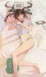 Rule 34 | 1girl, :o, barefoot, blanket, blush, bow, bowtie, breasts, brown eyes, brown hair, cable, cellphone, controller, game controller, green panties, hair between eyes, hair ribbon, handheld game console, highres, holding, holding phone, kantai collection, long hair, lying, medium breasts, nintendo switch, on back, open mouth, panties, phone, red bow, red bowtie, ribbon, shirt, smartphone, solo, tablet pc, tone (kancolle), twintails, underwear, white shirt, yami (m31)