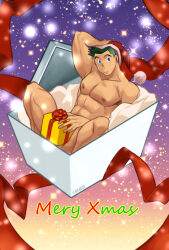 Rule 34 | 1boy, abs, bara, box, christmas, covering crotch, covering privates, full body, gift, gift box, green hair, hat, in box, in container, large pectorals, looking at viewer, male focus, merry christmas, muscular, muscular male, nakata shunpei, navel, nipples, original, pectorals, red hat, santa costume, santa hat, short hair, solo, thick eyebrows