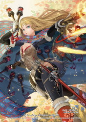 Rule 34 | 1girl, alteil, armor, belt, blonde hair, blue eyes, boots, breasts, cape, cleavage, explosive, gloves, grenade, gun, holding, holding gun, holding weapon, long hair, looking at viewer, pants, sheath, sheathed, small breasts, solo, sword, takayama toshiaki, weapon, white gloves