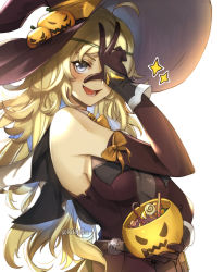 Rule 34 | 1girl, alternate costume, bare shoulders, belt, black gloves, blonde hair, bow, breasts, candy, circlet, covering one eye, dress, elbow gloves, fire emblem, fire emblem fates, fishnet fabric, food, gloves, grey eyes, halloween bucket, halloween costume, hat, highres, jack-o&#039;-lantern, long hair, medium breasts, nintendo, open mouth, ophelia (fire emblem), orange bow, ritence, simple background, smile, solo, sparkle, strapless, strapless dress, twitter username, upper body, white background, witch, witch hat