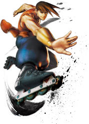 Rule 34 | 1boy, arm guards, bare shoulders, blue pants, brown eyes, brown hair, capcom, closed mouth, collarbone, foreshortening, ikeno daigo, inline skates, jewelry, male focus, muscular, official art, outstretched arm, palms, pants, perspective, puffy pants, ring, roller skates, simple background, skates, sleeveless, smile, solo, spiked hair, street fighter, street fighter iv (series), white background, yang lee