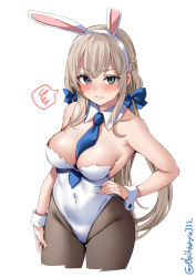 Rule 34 | 1girl, adapted costume, alternate costume, angry, animal ears, between breasts, black pantyhose, blonde hair, blue eyes, blue necktie, blue ribbon, blush, bow, bowtie, braid, breasts, cleavage, covered navel, cowboy shot, detached collar, ebifurya, fake animal ears, fake tail, hair between eyes, hair ribbon, hand on own hip, headgear, highleg, highleg leotard, highres, kantai collection, leotard, long hair, looking at viewer, low twintails, maryland (kancolle), medium breasts, necktie, necktie between breasts, one-hour drawing challenge, pantyhose, playboy bunny, rabbit ears, rabbit tail, ribbon, speech bubble, spoken squiggle, squiggle, strapless, strapless leotard, tail, traditional bowtie, twintails, twitter username, white background, white leotard, wrist cuffs