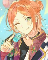 Rule 34 | 1boy, aoi yuta, black choker, blush, chinese clothes, choker, closed mouth, collared jacket, ensemble stars!, food, green eyes, half updo, hand up, holding, holding food, holding popsicle, jacket, kuzuvine, licking lips, looking to the side, male focus, medium hair, one eye closed, orange hair, parted bangs, popsicle, portrait, smile, solo, tongue, tongue out