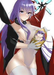 Rule 34 | absurdres, bare shoulders, bat wings, bb (fate), bb (fate) (all), bb (swimsuit mooncancer) (fate), black coat, blush, breasts, coat, fate/grand order, fate (series), gloves, hair ribbon, highleg, highleg leotard, highres, large breasts, leotard, long hair, looking at viewer, musicatopos, name connection, neck ribbon, odradek, open clothes, open coat, popped collar, purple eyes, purple hair, red ribbon, ribbon, thighhighs, thighs, very long hair, white gloves, white leotard, wings