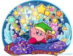 Rule 34 | blue eyes, blush stickers, commentary request, copy ability, crystal, green hat, hat, holding, holding sword, holding weapon, kirby, kirby (series), kumaoka pon, light, nintendo, no humans, shadow, star (symbol), sword, sword kirby, twitter username, weapon