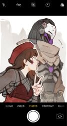 Rule 34 | !, 1boy, 1girl, beret, black hair, casual, commentary, crop top, d.va (overwatch), dress, english commentary, facial mark, fashion, hat, height difference, highres, long hair, looking at another, overwatch, overwatch 2, ramattra (overwatch), red dress, red headwear, see-through, see-through shirt, selfie, surprised, turning head, variant set, velinxi, whisker markings