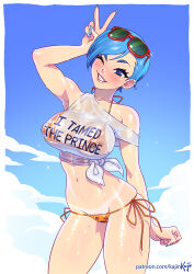 Rule 34 | 1girl, bikini, blue eyes, blue hair, blue sky, blush, breasts, bulma, cleavage, day, dragon ball, dragon ball super, earrings, grin, jewelry, kajin (kajinman), large breasts, legs, looking at viewer, one eye closed, see-through, shiny skin, sky, smile, solo, solo focus, standing, sunglasses, swimsuit, thighs, v, vegeta, wet, wet clothes, wink