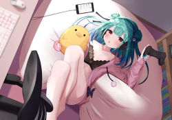 Rule 34 | 1girl, :o, aqua hair, aqua nails, bird, black bra, blush, bookshelf, bra, butterfly ornament, cellphone, chair, charger, chick, collarbone, commentary, controller, double bun, flat chest, from above, hair bun, hair ornament, hairband, highres, holding, holding stuffed toy, hololive, keyboard (computer), knees up, lingerie, looking at viewer, lying, mouse (computer), nail polish, off shoulder, office chair, on back, open mouth, pajamas, phone, pom pom (clothes), red eyes, saki (saki paint), sidelocks, skull hair ornament, smartphone, solo, stuffed animal, stuffed toy, swivel chair, underwear, uruha rushia, virtual youtuber