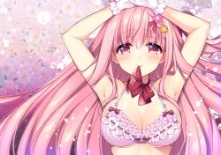 Rule 34 | 1girl, armpits, arms up, blush, bow, bowtie, bra, breasts, cherry blossoms, cleavage, day, floating hair, gloves, hair ornament, hair scrunchie, hairclip, highres, large breasts, long hair, looking at viewer, loose neckwear, miharu (ringo sui), one side up, original, outdoors, petals, pink bra, pink hair, pink scrunchie, red bow, red bowtie, ringo sui, scrunchie, sidelocks, solo, underwear, undone bowtie, upper body, very long hair, white gloves