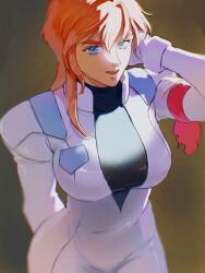 1girl arm_ribbon blue_eyes commentary_request francesca_o&#039;hara gundam highres long_hair mecha_pilot_suit miromari open_mouth orange_hair ribbon smile solo upper_body victory_gundam