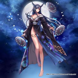 Rule 34 | 1girl, artist name, bare shoulders, barefoot, blue eyes, blue hair, breasts, brown eyes, cleavage, company name, feet, full moon, gyakushuu no fantasica, heterochromia, horns, japanese clothes, jewelry, kimono, long hair, moon, nail polish, necklace, night, night sky, official art, sky, solo, star (sky), toes, uuhui