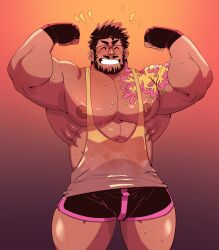 Rule 34 | 1boy, abs, bara, bare pectorals, beard, biceps, black hair, black shorts, blush, bodybuilder, dark-skinned male, dark skin, dolphin shorts, double biceps pose, duncan wijaya (kokukokuboo), facial hair, feet out of frame, fingerless gloves, flexing, glasses, gloves, grin, happy aura, highres, kokukokuboo, large areolae, large pectorals, male focus, mature male, muscular, muscular male, mustache, nipples, original, pectorals, shirt, short hair, shorts, shoulder tattoo, sideburns, smile, solo, spiked hair, sweat, tank top, tattoo, thick eyebrows, thick thighs, thighs, wet, wet clothes, wet shirt, yellow tank top