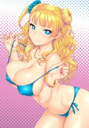 Rule 34 | 1girl, bare shoulders, bikini, blonde hair, blue bikini, blue eyes, blunt bangs, blush, bracelet, breasts, bright pupils, cleavage, closed mouth, collarbone, cover, covered erect nipples, ear piercing, earrings, eyelashes, eyeshadow, galko, hair bun, hair ornament, hair scrunchie, hairband, halftone, halftone background, jewelry, large breasts, leaning forward, long hair, looking at viewer, makeup, nail polish, navel, necklace, one side up, oshiete! galko-chan, piercing, pink nails, pulling own clothes, scrunchie, side-tie bikini bottom, single hair bun, skindentation, smile, solo, st.germain-sal, stomach, strap pull, stud earrings, swimsuit, wavy hair, white pupils