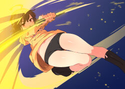 Rule 34 | 1girl, boots, brown hair, holding, holding sword, holding weapon, linne, looking at viewer, navel, open mouth, petenshi (dr. vermilion), red eyes, shorts, solo, sword, under night in-birth, weapon