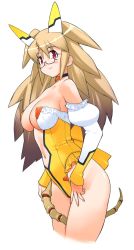 Rule 34 | 1girl, bare shoulders, breasts, cleavage, collar, detached sleeves, diol twee, frills, highres, konami, leotard, long hair, navel, official art, otomedius, red eyes, revealing clothes, simple background, solo, xexex, yellow theme, yoshizaki mine