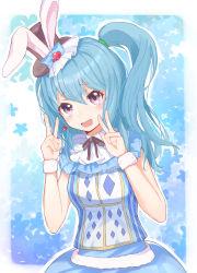 Rule 34 | 1girl, :d, animal ears, bang dream!, black ribbon, blue bow, blue dress, blue hair, blush, bow, dress, earrings, fake animal ears, frills, hair tie, hands up, hat, hat bow, hat ornament, heart, heart earrings, highres, jewelry, long hair, looking at viewer, matsubara kanon, neck ribbon, one side up, open mouth, playing card print, purple eyes, rabbit ears, ribbon, smile, solo, takeyashi (user dnne7725), v, w, wristband