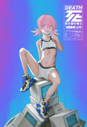 Rule 34 | 1girl, bags under eyes, blue eyes, computer, crotch seam, crt, ear piercing, eyes visible through hair, flat chest, groin tendon, highres, looking at viewer, monitor, navel, open mouth, original, petite, piercing, pink hair, ribs, sharp teeth, shoes, short twintails, simple background, sitting, smile, sneakers, solo, sports bikini, sports bra, teeth, toxic ghost, twintails, white sports bra