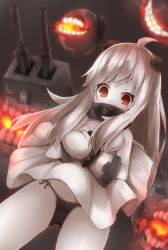 Rule 34 | 10s, 1girl, abyssal ship, ahoge, black panties, colored skin, detached sleeves, dress, horns, kantai collection, long hair, looking at viewer, machinery, mittens, mizushina minato, northern ocean princess, open mouth, pale skin, panties, red eyes, side-tie panties, solo, teeth, turret, underwear, white dress, white hair, white mittens, white skin