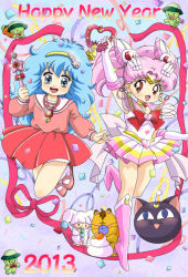 Rule 34 | 10s, 1990s (style), 2013, 2girls, arm up, bishoujo senshi sailor moon, bishoujo senshi sailor moon r, bishoujo senshi sailor moon supers, blue eyes, blue hair, boots, bow, brooch, chibi usa, cone hair bun, confetti, creature, crossover, crystal carillon, double bun, dress, elbow gloves, full body, gera gera (persia), gloves, hair bun, hair ornament, hairband, hairpin, happy new year, hayami persia, heart, heart brooch, highres, jewelry, jumping, knee boots, long hair, luna-p, magical girl, mahou no yousei persia, meso meso (persia), mikiky, multicolored clothes, multicolored skirt, multiple girls, necklace, new year, persia, persia (mahou no yousei persia), pink footwear, pink hair, puri puri (persia), red dress, red eyes, red skirt, retro artstyle, ribbon, sailor chibi moon, sailor collar, simba (persia), skirt, smile, super sailor chibi moon, twintails, wand, white gloves