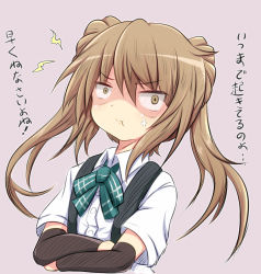 Rule 34 | 1girl, :t, anger vein, angry, arm warmers, ascot, blonde hair, crossed arms, double bun, frown, hair bun, kantai collection, michishio (kancolle), shirt, short sleeves, short twintails, solo, suspenders, tamayan, twintails, white shirt, yellow eyes