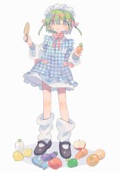 Rule 34 | 1girl, absurdres, apple, bandaid, bandaid on face, black footwear, blue eyes, bow, broccoli, carrot, daizu (melon-lemon), eggplant, fish, food, frills, fruit, full body, gradient eyes, green hair, grey background, hair between eyes, hair bow, hair ornament, hairclip, hands up, highres, holding, lemon, long sleeves, looking at viewer, loose socks, maid headdress, mary janes, multicolored eyes, no nose, orange (fruit), original, parted lips, pink bow, pink neckwear, pink ribbon, plaid, ribbon, shoes, short hair, simple background, socks, solo, standing, tareme, toy, turnip, two side up, white legwear