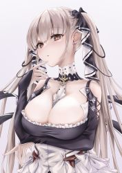 Rule 34 | 1girl, absurdres, arms under breasts, azur lane, bare shoulders, between breasts, black dress, black ribbon, breasts, cleavage, clothing cutout, detached collar, dress, feather dress, finger to own chin, formidable (azur lane), frilled dress, frills, grey hair, hair ribbon, highres, large breasts, long hair, necktie, necktie between breasts, red eyes, ribbon, shoulder cutout, simple background, solo, twintails, two-tone dress, two-tone ribbon, upper body, very long hair, white background, white dress, white ribbon, yuzu hirari