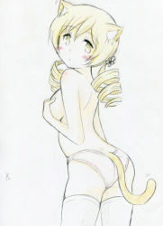 Rule 34 | 1girl, animal ears, back, blonde hair, blush, breast hold, breasts, cat ears, cat tail, drill hair, female focus, from behind, kemonomimi mode, large breasts, looking at viewer, looking back, mahou shoujo madoka magica, matching hair/eyes, panties, panties only, pink panties, solo, tail, takeshisu, thighhighs, tomoe mami, topless, traditional media, twin drills, underwear, white thighhighs, yellow eyes