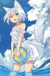 Rule 34 | 1girl, absurdres, animal ears, ball, beachball, blue sky, bob cut, cloud, cloudy sky, commentary, day, dog ears, dog tail, dress, frilled dress, frills, heterochromia, highres, holding, holding ball, leaning forward, looking at viewer, mamemochi, off-shoulder dress, off shoulder, open mouth, original, outdoors, short dress, short hair, silver hair, sky, smile, solo, standing, sundress, tail, wading, water, water drop, white dress