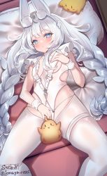 Rule 34 | 1girl, animal ear fluff, animal ears, aonaga heri, azur lane, bare arms, belt, between legs, blue eyes, blush, braid, braided ponytail, breasts, clothing cutout, cloud, clover hair ornament, commission, cross-shaped pupils, crotchless, crotchless pantyhose, frills, hair ornament, hand on own chest, hand on own crotch, head on pillow, le malin (azur lane), le malin (listless lapin) (azur lane), leotard, long hair, looking at viewer, lying, manjuu (azur lane), official alternate costume, on back, on bed, pantyhose, rabbit girl, rabbit tail, revealing clothes, skeb commission, skindentation, small breasts, solo, symbol-shaped pupils, tail, thigh strap, twin braids, twitter username, very long hair, white belt, white leotard, white pantyhose, wrist cuffs