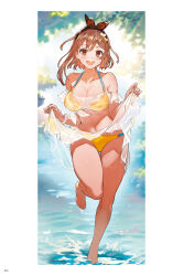 Rule 34 | 1girl, atelier (series), atelier ryza, atelier ryza 3, barefoot, bikini, brown eyes, brown hair, highres, holding, leg up, legs, looking at viewer, official art, open mouth, reisalin stout, see-through, smile, solo, swimsuit, toes, toridamono, wading, water