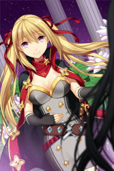 Rule 34 | 2girls, bad id, bad pixiv id, belt, black gloves, black hair, blonde hair, breasts, bustier, buttons, cape, cleavage, column, commentary, cowboy shot, fingerless gloves, flower, gloves, hand on own stomach, jenevan, large breasts, long hair, looking at viewer, multiple girls, pillar, purple eyes, red scarf, scarf, sky, smile, solo focus, star (sky), star (symbol), starry sky, sword, sword girls, two side up, weapon, white flower