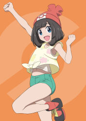 Rule 34 | 1girl, :d, beanie, boots, clenched hands, commentary request, creatures (company), eyelashes, floral print, game freak, gensei00, green shorts, happy, hat, highres, leg up, nintendo, open mouth, orange background, pokemon, pokemon sm, red hat, selene (pokemon), shirt, short shorts, short sleeves, shorts, smile, solo, t-shirt, tied shirt, undershirt, yellow shirt