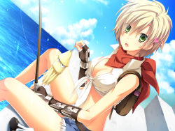 1girl, :3, :o, akira (139931), backpack, bag, bags under eyes, bandanna, bangs, belt, blacksmith (ragnarok online), blonde hair, blue shorts, blue sky, breasts, brown belt, brown gloves, cleavage, cloud, commentary request, crop top, day, dutch angle, eyebrows visible through hair, eyes visible through hair, feet out of frame, fingerless gloves, fishing, fishing rod, fur-trimmed shorts, fur trim, gauntlets, gloves, green eyes, hair between eyes, hair ornament, heart, heart hair ornament, holding, holding fishing rod, looking at viewer, medium breasts, ocean, open mouth, outdoors, poring, ragnarok online, red neckwear, shirt, short hair, short shorts, shorts, sitting, sky, sleeveless, sleeveless shirt, solo, squid, tied shirt, water, white shirt