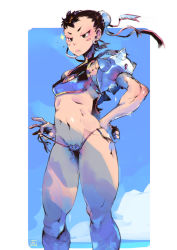 Rule 34 | 1girl, adapted costume, alternate breast size, andrewcockroach, bikini, blue sky, breasts, brown hair, bun cover, capcom, chinese clothes, chun-li, cleavage, cleavage cutout, clothing cutout, cowboy shot, day, double bun, dudou, hand on own hip, inflatable armbands, navel, ocean, short hair, side-tie bikini bottom, sky, small breasts, solo, spikes, street fighter, swimsuit, thighs, tsurime