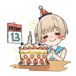 Rule 34 | 1boy, = =, announcement celebration, birthday cake, blonde hair, blush stickers, cake, calendar (object), candle, chibi, closed eyes, fire, food, friday the 13th, happy birthday, hat, head tilt, male focus, mubo, original, party hat, ribbon, school uniform, serafuku, shirt, simple background, sleeveless, smile, solo, table, trap, white background, white shirt, wooden table, yellow eyes, yellow ribbon