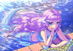 Rule 34 | 1girl, bare arms, blue eyes, bracelet, closed mouth, crop top, day, floating hair, head rest, jewelry, laura la mer, long hair, looking at viewer, mermaid, midriff, monster girl, outdoors, partially submerged, pink hair, precure, shrimp1634, smile, solo, tropical-rouge! precure, very long hair, water