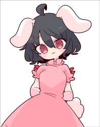 Rule 34 | 1girl, :3, animal ears, arms behind back, barefoot, black hair, carrot necklace, dress, floppy ears, frilled dress, frilled sleeves, frills, highres, inaba tewi, jewelry, necklace, op na yarou, pendant, pink dress, pink eyes, puffy short sleeves, puffy sleeves, rabbit ears, rabbit girl, rabbit tail, ribbon-trimmed dress, short hair, short sleeves, simple background, solo, tail, touhou, white background