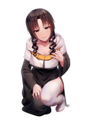 Rule 34 | 1girl, black dress, blush, breasts, brown eyes, brown hair, capelet, cleavage, closed mouth, collarbone, dress, fate/grand order, fate (series), full body, hand on own knee, high heels, highres, hood, hood down, large breasts, long hair, long sleeves, looking at viewer, on one knee, pumps, sessyoin kiara, shoron, side slit, simple background, smile, solo, thighhighs, white background, white capelet, white footwear, white thighhighs