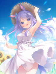 Rule 34 | 1girl, :d, arm up, armpits, bare arms, bare shoulders, blue sky, breasts, brown hat, cloud, commentary request, day, dress, flower, hand on headwear, hat, horse girl, long hair, looking at viewer, medium breasts, mejiro mcqueen (umamusume), open mouth, outdoors, purple eyes, purple hair, sky, sleeveless, sleeveless dress, smile, solo, straw hat, sunflower, teeth, umamusume, upper teeth only, very long hair, white dress, yellow flower, yukie (peach candy)
