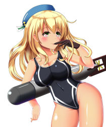 Rule 34 | 10s, 1girl, absurdres, atago (kancolle), blonde hair, breasts, cleavage, collarbone, competition swimsuit, finger in own mouth, gloves, hat, highres, kantai collection, large breasts, long hair, one-piece swimsuit, orange (pencilmikan), red eyes, single glove, skin tight, solo, swimsuit, torpedo, type 93 torpedo
